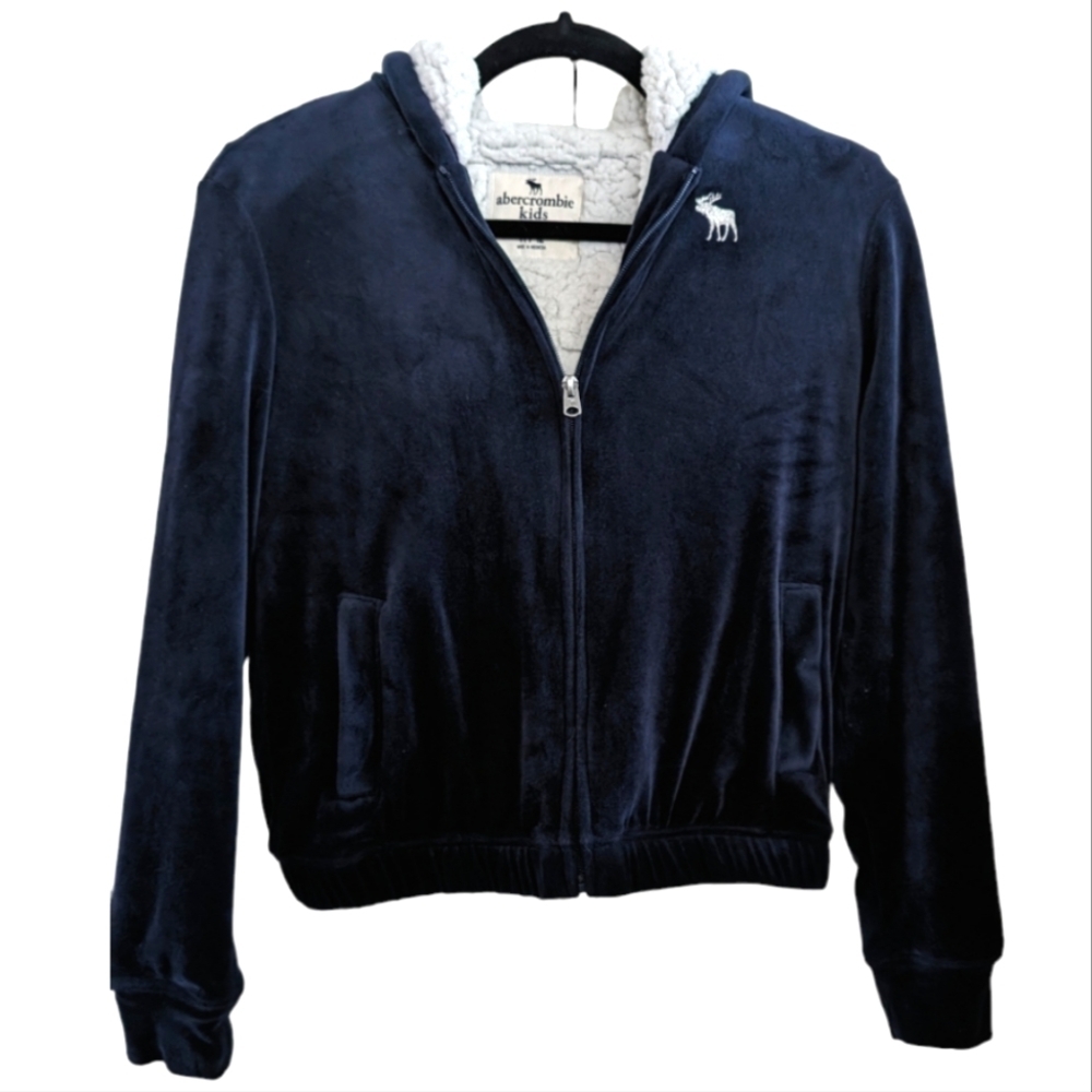 Abercrombie Kids Navy Velour Logoed Lined Hoodie Size 11-12 EUC